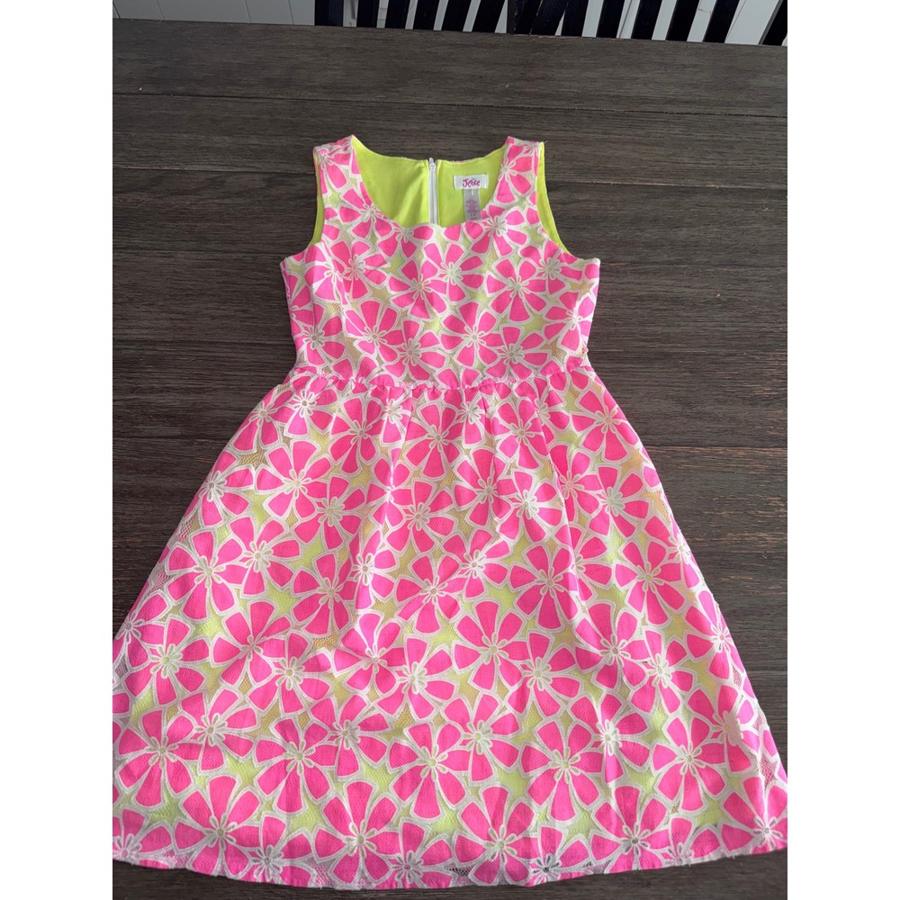 Justice Girls Neon PinkLime Green Floral Lace Fit Flare Dress Size 12 Sleeveless